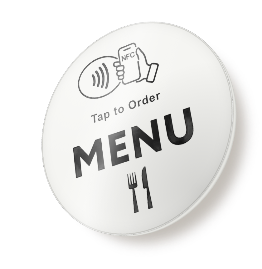 Carte ronde NFC « Tap to Order, Menu », posée sur une table
