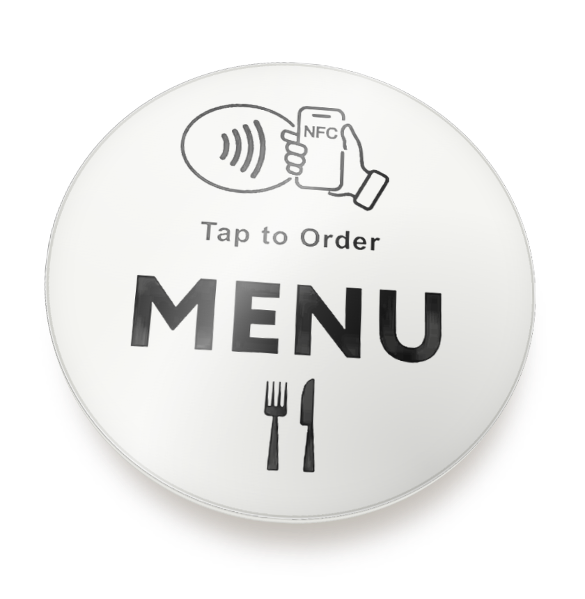Carte ronde NFC « Tap to Order, Menu », vue de dessus